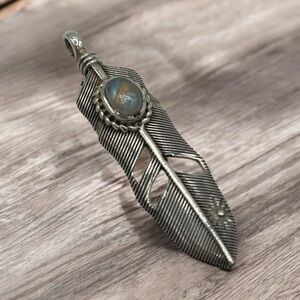 Artisan Made Sterling Silver 925 Tribal Feather Labradorite Stone Pendant